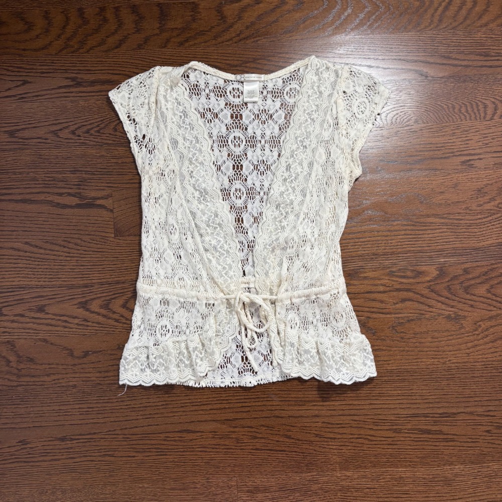y2k ivory sheer floral lace tie cardigan top medium